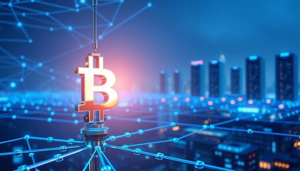 A futuristic blockchain network with transparent yet secure data flows. In the foreground, a stylized blockchain symbol in gleaming chrome, representing the cryptographic backbone. In the middle ground, a shimmering data matrix, symbolizing the decentralized ledger. In the background, a hazy cityscape with towering data centers, alluding to the distributed infrastructure. Soft blue lighting illuminates the scene, conveying a sense of technological precision and privacy protection. The overall composition suggests the delicate balance between blockchain's transparency and the need for user data confidentiality. A futuristic blockchain network with transparent yet secure data flows. In the foreground, a stylized blockchain symbol in gleaming chrome, representing the cryptographic backbone. In the middle ground, a shimmering data matrix, symbolizing the decentralized ledger. In the background, a hazy cityscape with towering data centers, alluding to the distributed infrastructure. Soft blue lighting illuminates the scene, conveying a sense of technological precision and privacy protection. The overall composition suggests the delicate balance between blockchain's transparency and the need for user data confidentiality.