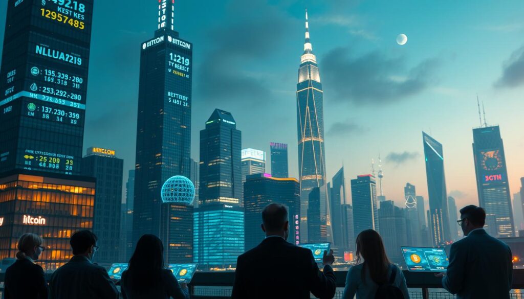 A futuristic cityscape at night, with towering skyscrapers and glowing holographic displays showcasing real-time cryptocurrency exchange rates. In the foreground, a group of people using augmented reality interfaces to manage their digital wallets and make transactions. The overall scene conveys a sense of technological advancement and the integration of cryptocurrency into everyday urban life. Soft, diffused lighting casts a warm, ambient glow, while the sleek, minimalist architecture reflects the clean, efficient nature of the digital assets. The image should capture the essence of the section title, highlighting the role of Bitcoin and other cryptocurrencies in the modern financial landscape.