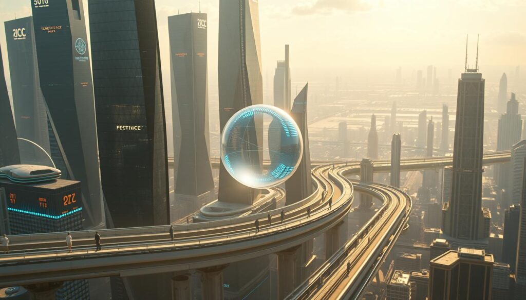 A futuristic cityscape bathed in a warm, ethereal glow. In the foreground, a sleek, transparent sphere hovers, pulsing with a digital heartbeat. Surrounding it, towering skyscrapers with angular facades and holographic displays, reflecting the interplay of virtual currencies and the physical world. In the middle ground, streamlined monorails and hovercrafts glide through the air, carrying figures dressed in minimalist, high-tech attire. The background is a panoramic vista of a gleaming metropolis, its skyline dotted with cutting-edge architecture and the faint outlines of digital infrastructure. The overall atmosphere conveys a sense of innovation, progress, and the blending of the digital and the tangible, capturing the essence of the future of finance and currency. A futuristic cityscape bathed in a warm, ethereal glow. In the foreground, a sleek, transparent sphere hovers, pulsing with a digital heartbeat. Surrounding it, towering skyscrapers with angular facades and holographic displays, reflecting the interplay of virtual currencies and the physical world. In the middle ground, streamlined monorails and hovercrafts glide through the air, carrying figures dressed in minimalist, high-tech attire. The background is a panoramic vista of a gleaming metropolis, its skyline dotted with cutting-edge architecture and the faint outlines of digital infrastructure. The overall atmosphere conveys a sense of innovation, progress, and the blending of the digital and the tangible, capturing the essence of the future of finance and currency.