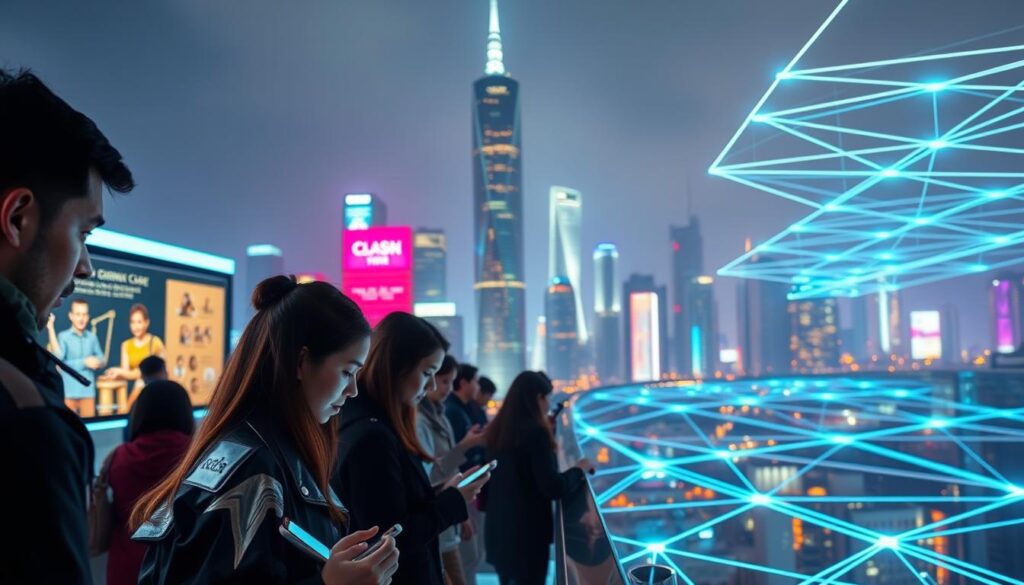 A futuristic cityscape illuminated by the soft glow of digital displays and holographic projections. In the foreground, a group of people engage in a seamless, cashless transaction using their smartphones, their faces reflecting the sleek, minimalist design of the latest digital currency interface. In the middle ground, towering skyscrapers with curved, mirror-like facades reflect the vibrant, neon-tinged skyline. In the background, a network of suspended, luminescent pathways crisscross the urban landscape, symbolizing the interconnected, decentralized nature of the digital economy. The scene conveys a sense of progress, efficiency, and the integration of technology into the fabric of daily life, capturing the essence of a world where digital currencies have become the norm. A futuristic cityscape illuminated by the soft glow of digital displays and holographic projections. In the foreground, a group of people engage in a seamless, cashless transaction using their smartphones, their faces reflecting the sleek, minimalist design of the latest digital currency interface. In the middle ground, towering skyscrapers with curved, mirror-like facades reflect the vibrant, neon-tinged skyline. In the background, a network of suspended, luminescent pathways crisscross the urban landscape, symbolizing the interconnected, decentralized nature of the digital economy. The scene conveys a sense of progress, efficiency, and the integration of technology into the fabric of daily life, capturing the essence of a world where digital currencies have become the norm.