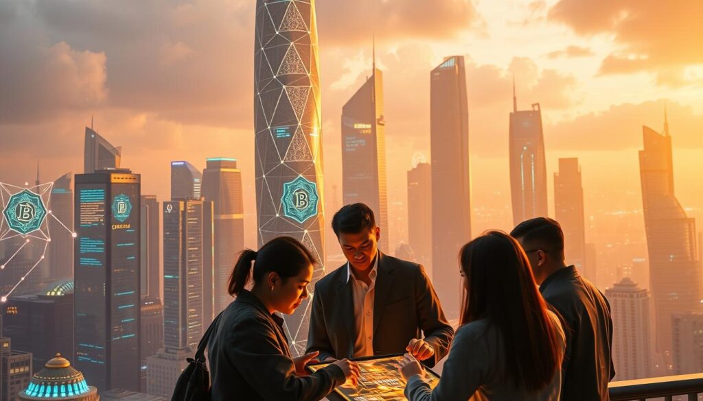 A futuristic cityscape showcasing the potential of blockchain technology. Gleaming high-rise towers with geometric patterns suggesting cryptographic algorithms, intertwined with holographic displays and floating data streams. In the foreground, a group of innovators collaborate on a cutting-edge blockchain project, their faces lit by the glow of transparent touchscreens. The background is bathed in a warm, golden light, creating an atmosphere of innovation and possibility. The scene is captured with a cinematic wide-angle lens, emphasizing the grand scale of this technological revolution. A futuristic cityscape showcasing the potential of blockchain technology. Gleaming high-rise towers with geometric patterns suggesting cryptographic algorithms, intertwined with holographic displays and floating data streams. In the foreground, a group of innovators collaborate on a cutting-edge blockchain project, their faces lit by the glow of transparent touchscreens. The background is bathed in a warm, golden light, creating an atmosphere of innovation and possibility. The scene is captured with a cinematic wide-angle lens, emphasizing the grand scale of this technological revolution.