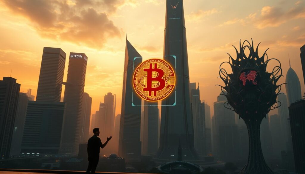 A futuristic cityscape, where towering skyscrapers glisten under the warm glow of a sunset sky. In the foreground, a solitary figure stands, hand outstretched, examining a holographic projection of a Bitcoin symbol, its ethereal light casting a mesmerizing display. The buildings behind them are a mix of sleek, modern architecture and organic, tech-infused structures, reflecting the duality of Bitcoin's promise and peril. The scene is bathed in a hazy, dreamlike atmosphere, hinting at the uncertainty and complexity of this technological revolution. Detailed, cinematic, 8K resolution. A futuristic cityscape, where towering skyscrapers glisten under the warm glow of a sunset sky. In the foreground, a solitary figure stands, hand outstretched, examining a holographic projection of a Bitcoin symbol, its ethereal light casting a mesmerizing display. The buildings behind them are a mix of sleek, modern architecture and organic, tech-infused structures, reflecting the duality of Bitcoin's promise and peril. The scene is bathed in a hazy, dreamlike atmosphere, hinting at the uncertainty and complexity of this technological revolution. Detailed, cinematic, 8K resolution.