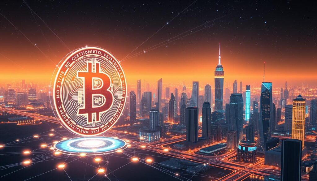 A futuristic digital landscape showcasing the seamless integration of Bitcoin and DeFi technologies. In the foreground, a sleek, holographic representation of a Bitcoin symbol pulses with dynamic energy, surrounded by a network of interconnected, glowing DeFi applications. The middle ground features a cityscape of towering, neon-infused skyscrapers, each one a testament to the innovative applications of decentralized finance. The background is a vast, starry sky, hinting at the boundless potential of this convergence. The overall scene is bathed in a warm, ethereal light, creating a sense of wonder and possibility. Cinematic camera angles and a cinematic, awe-inspiring mood convey the transformative impact of Bitcoin in the DeFi universe. A futuristic digital landscape showcasing the seamless integration of Bitcoin and DeFi technologies. In the foreground, a sleek, holographic representation of a Bitcoin symbol pulses with dynamic energy, surrounded by a network of interconnected, glowing DeFi applications. The middle ground features a cityscape of towering, neon-infused skyscrapers, each one a testament to the innovative applications of decentralized finance. The background is a vast, starry sky, hinting at the boundless potential of this convergence. The overall scene is bathed in a warm, ethereal light, creating a sense of wonder and possibility. Cinematic camera angles and a cinematic, awe-inspiring mood convey the transformative impact of Bitcoin in the DeFi universe.