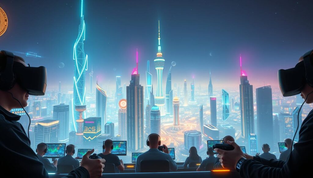A futuristic gaming metropolis set in a vibrant Metaverse, where Krypto-Gaming reigns supreme. In the foreground, a group of gamers immersed in virtual reality headsets, their hands masterfully controlling crypto-powered gaming rigs. In the middle ground, towering holographic structures and neon-lit skyscrapers, reflecting the latest advancements in blockchain technology. The background reveals a vast, boundless digital landscape, pulsing with the energy of a thriving crypto-gaming ecosystem. Soft, diffused lighting casts an ethereal glow, while a sense of dynamism and innovation permeates the scene. Capture the promise of Bitcoin and cryptocurrencies seamlessly integrated into the future of gaming. A futuristic gaming metropolis set in a vibrant Metaverse, where Krypto-Gaming reigns supreme. In the foreground, a group of gamers immersed in virtual reality headsets, their hands masterfully controlling crypto-powered gaming rigs. In the middle ground, towering holographic structures and neon-lit skyscrapers, reflecting the latest advancements in blockchain technology. The background reveals a vast, boundless digital landscape, pulsing with the energy of a thriving crypto-gaming ecosystem. Soft, diffused lighting casts an ethereal glow, while a sense of dynamism and innovation permeates the scene. Capture the promise of Bitcoin and cryptocurrencies seamlessly integrated into the future of gaming.