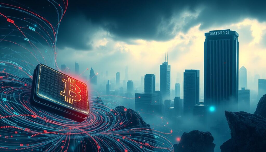 A futuristic landscape depicting the challenges of cryptocurrency for traditional banking. In the foreground, a digital wallet and Bitcoin icon float amidst a swirling vortex of data streams and encrypted transactions. In the middle ground, towering skyscrapers representing the banking industry stand in contrast, their foundations crumbling under the weight of technological disruption. The background is shrouded in an ominous haze, hinting at the uncertainty and volatility inherent in the crypto-finance sphere. The scene is illuminated by a cool, neon-tinged lighting, casting an aura of technological innovation tinged with unease. The composition is cinematic, with a wide angle lens capturing the scale and drama of this financial paradigm shift. A futuristic landscape depicting the challenges of cryptocurrency for traditional banking. In the foreground, a digital wallet and Bitcoin icon float amidst a swirling vortex of data streams and encrypted transactions. In the middle ground, towering skyscrapers representing the banking industry stand in contrast, their foundations crumbling under the weight of technological disruption. The background is shrouded in an ominous haze, hinting at the uncertainty and volatility inherent in the crypto-finance sphere. The scene is illuminated by a cool, neon-tinged lighting, casting an aura of technological innovation tinged with unease. The composition is cinematic, with a wide angle lens capturing the scale and drama of this financial paradigm shift.