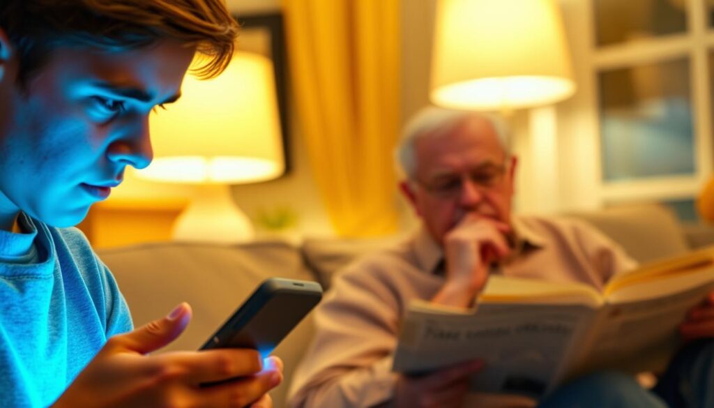 A generational contrast: in the foreground, a young person, likely a member of Gen Z, gazing intently at a smartphone, their face illuminated by the cool blue glow of the screen. In the middle ground, an older individual, perhaps representing an earlier generation, sits pensively, a newspaper or book in hand, their expression thoughtful and contemplative. The background is softly blurred, with hints of a domestic interior, suggesting a shared living space or family home. Warm, golden lighting from lamps or windows casts a mellow glow, creating a sense of familial comfort and intergenerational connection, even as the two figures remain absorbed in their contrasting digital and analog worlds. The scene conveys a palpable tension and curiosity, hinting at the generational divide in attitudes towards technology and media consumption. A generational contrast: in the foreground, a young person, likely a member of Gen Z, gazing intently at a smartphone, their face illuminated by the cool blue glow of the screen. In the middle ground, an older individual, perhaps representing an earlier generation, sits pensively, a newspaper or book in hand, their expression thoughtful and contemplative. The background is softly blurred, with hints of a domestic interior, suggesting a shared living space or family home. Warm, golden lighting from lamps or windows casts a mellow glow, creating a sense of familial comfort and intergenerational connection, even as the two figures remain absorbed in their contrasting digital and analog worlds. The scene conveys a palpable tension and curiosity, hinting at the generational divide in attitudes towards technology and media consumption.