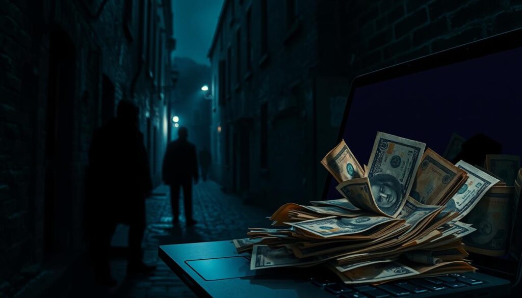 A high-angle shot of a dark, shadowy alleyway lined with old brick buildings. In the foreground, a stack of worn, tattered banknotes spills out from a laptop screen, casting an eerie glow on the scene. Silhouetted figures lurk in the shadows, their faces obscured. The overall atmosphere is one of unease and illicit activity, hinting at the underbelly of the digital currency world and the risks of money laundering. Dramatic contrast, cool lighting, and a sense of depth and mystery permeate the composition. A high-angle shot of a dark, shadowy alleyway lined with old brick buildings. In the foreground, a stack of worn, tattered banknotes spills out from a laptop screen, casting an eerie glow on the scene. Silhouetted figures lurk in the shadows, their faces obscured. The overall atmosphere is one of unease and illicit activity, hinting at the underbelly of the digital currency world and the risks of money laundering. Dramatic contrast, cool lighting, and a sense of depth and mystery permeate the composition.
