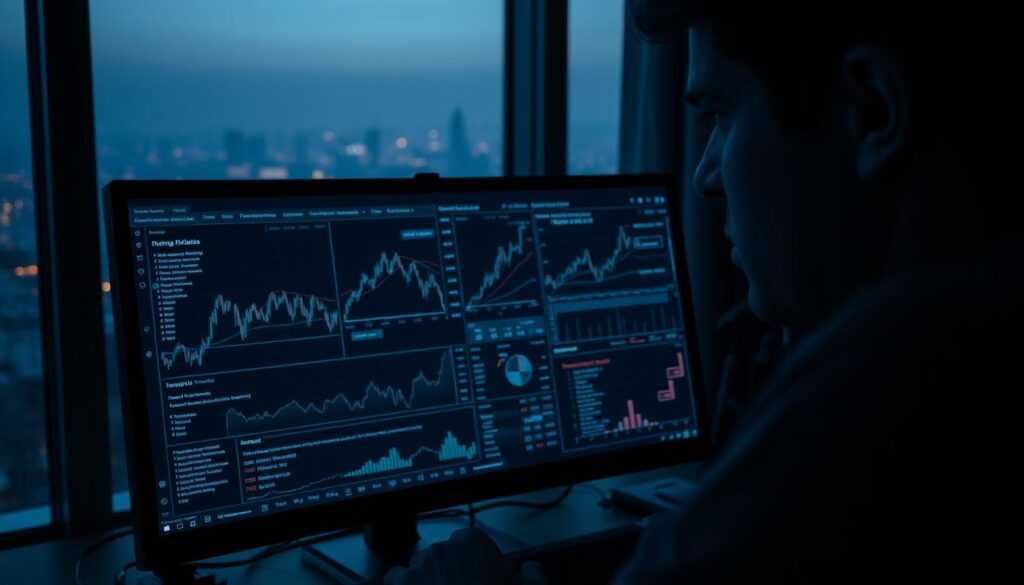 A high-contrast, cinematic image of a Bitcoin trader carefully analyzing risk factors on a darkened computer screen. The trader's face is partially obscured in shadow, conveying the serious, contemplative mood. The screen displays various financial charts, graphs, and risk mitigation strategies, bathed in a cool, blue-tinted glow. In the background, a hazy city skyline is visible through a window, the distant lights twinkling against a night sky. The composition is dramatic, with a strong interplay of light and shadow, emphasizing the weighty importance of effective risk management in the volatile world of cryptocurrency trading. A high-contrast, cinematic image of a Bitcoin trader carefully analyzing risk factors on a darkened computer screen. The trader's face is partially obscured in shadow, conveying the serious, contemplative mood. The screen displays various financial charts, graphs, and risk mitigation strategies, bathed in a cool, blue-tinted glow. In the background, a hazy city skyline is visible through a window, the distant lights twinkling against a night sky. The composition is dramatic, with a strong interplay of light and shadow, emphasizing the weighty importance of effective risk management in the volatile world of cryptocurrency trading.