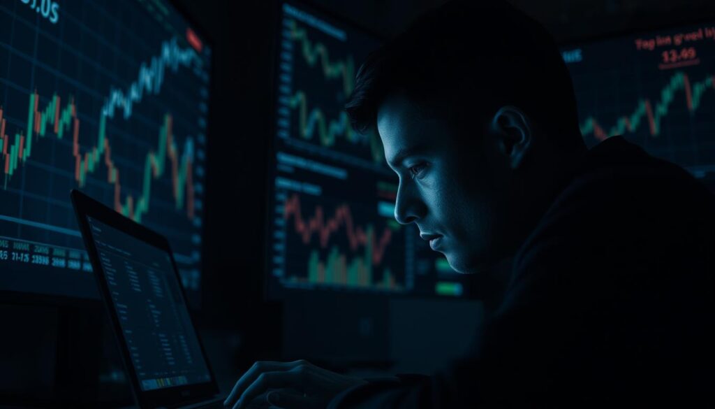 A high-contrast, cinematic image of a person intensely focused on a laptop screen, surrounded by financial charts and graphs projected onto the walls. The subject's face is partially obscured, conveying the psychological tension and introspection of bitcoin trading. Dramatic side lighting casts shadows, creating a moody, atmospheric setting. The composition emphasizes the dichotomy between the digital realm and the human experience, with the trader appearing both immersed in and isolated by the data surrounding them. The overall tone is one of contemplation, highlighting the psychological complexities of navigating the volatile bitcoin markets. A high-contrast, cinematic image of a person intensely focused on a laptop screen, surrounded by financial charts and graphs projected onto the walls. The subject's face is partially obscured, conveying the psychological tension and introspection of bitcoin trading. Dramatic side lighting casts shadows, creating a moody, atmospheric setting. The composition emphasizes the dichotomy between the digital realm and the human experience, with the trader appearing both immersed in and isolated by the data surrounding them. The overall tone is one of contemplation, highlighting the psychological complexities of navigating the volatile bitcoin markets.