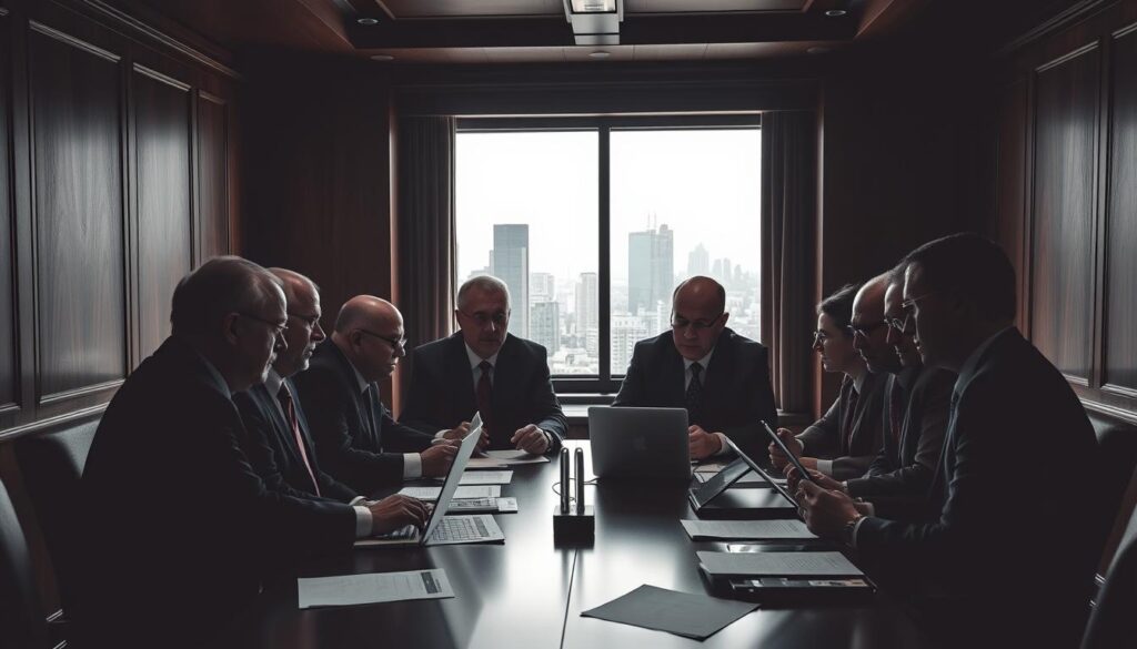 A high-contrast, cinematic image of government officials and financial regulators gathered around a table, discussing cryptocurrency regulation. The scene is set in a dimly lit, wood-paneled conference room, with a large window overlooking a cityscape in the background. The officials wear serious expressions as they pore over documents and laptop screens, debating the complexities of managing digital assets and curbing financial crimes. The lighting is dramatic, casting sharp shadows and highlighting the gravity of the discussions. The overall atmosphere conveys a sense of cautious deliberation, as the regulators navigate the challenges of adapting traditional financial frameworks to the rapidly evolving world of cryptocurrency. A high-contrast, cinematic image of government officials and financial regulators gathered around a table, discussing cryptocurrency regulation. The scene is set in a dimly lit, wood-paneled conference room, with a large window overlooking a cityscape in the background. The officials wear serious expressions as they pore over documents and laptop screens, debating the complexities of managing digital assets and curbing financial crimes. The lighting is dramatic, casting sharp shadows and highlighting the gravity of the discussions. The overall atmosphere conveys a sense of cautious deliberation, as the regulators navigate the challenges of adapting traditional financial frameworks to the rapidly evolving world of cryptocurrency.