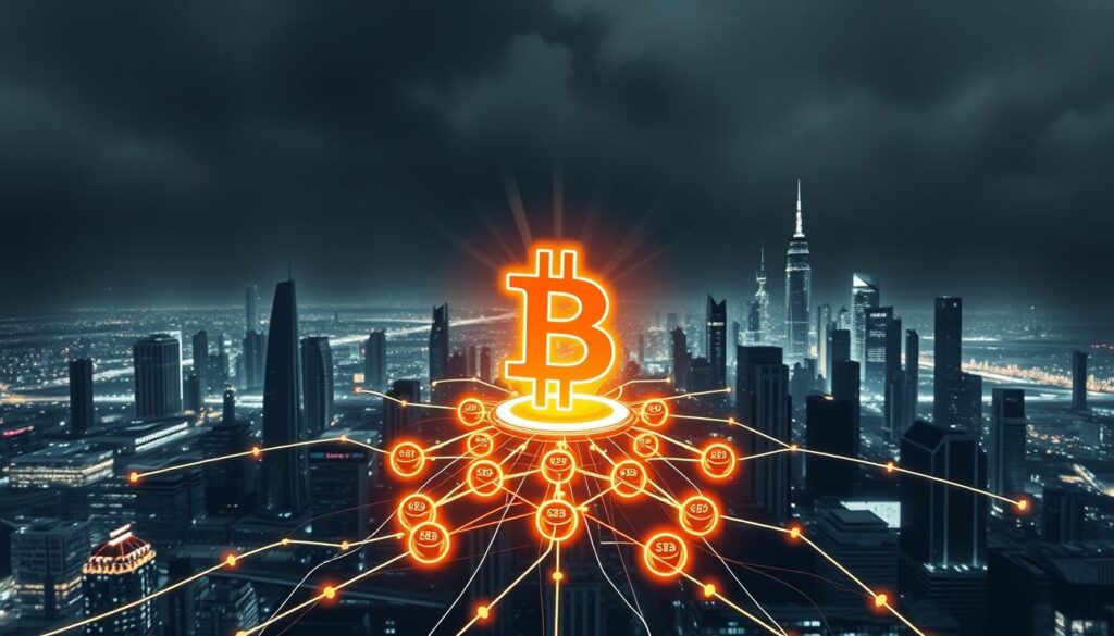 A high-contrast digital illustration depicting the intersection of Bitcoin and smart contracts. In the foreground, a glowing Bitcoin symbol hovers above a cluster of interconnected smart contract icons, their lines and edges crackling with electric energy. In the middle ground, a sleek, futuristic cityscape unfolds, its skyscrapers and data centers hinting at the technological landscape where these innovations thrive. The background is shrouded in an atmospheric haze, suggesting the complexity and magnitude of the transformative potential of this fusion of blockchain technologies. The overall tone is one of technological sophistication, dynamism, and the promise of a decentralized, programmable financial future. A high-contrast digital illustration depicting the intersection of Bitcoin and smart contracts. In the foreground, a glowing Bitcoin symbol hovers above a cluster of interconnected smart contract icons, their lines and edges crackling with electric energy. In the middle ground, a sleek, futuristic cityscape unfolds, its skyscrapers and data centers hinting at the technological landscape where these innovations thrive. The background is shrouded in an atmospheric haze, suggesting the complexity and magnitude of the transformative potential of this fusion of blockchain technologies. The overall tone is one of technological sophistication, dynamism, and the promise of a decentralized, programmable financial future.