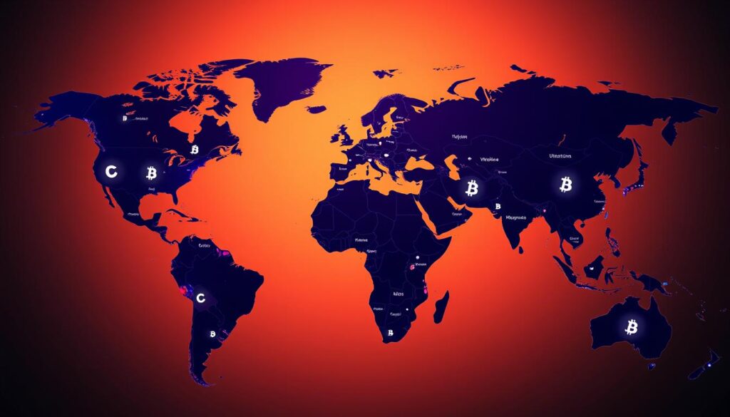 A high-contrast snapshot of a world map with glowing cryptocurrency symbols overlaying various countries and financial hubs. The map is backlit by a warm, diffused light, casting a soft glow across the scene. In the foreground, abstract polygonal elements in shades of blue and purple represent the various regulatory frameworks governing digital currencies, intersecting and colliding across the geographic landscape. The composition is balanced and dynamic, capturing the complexity and global nature of cryptocurrency regulation. A high-contrast snapshot of a world map with glowing cryptocurrency symbols overlaying various countries and financial hubs. The map is backlit by a warm, diffused light, casting a soft glow across the scene. In the foreground, abstract polygonal elements in shades of blue and purple represent the various regulatory frameworks governing digital currencies, intersecting and colliding across the geographic landscape. The composition is balanced and dynamic, capturing the complexity and global nature of cryptocurrency regulation.