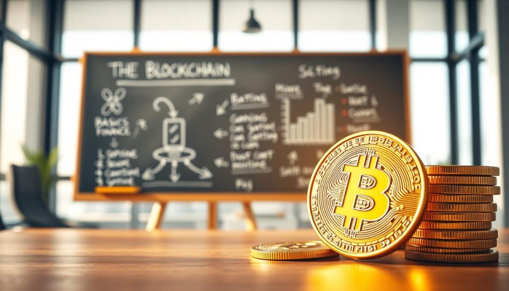 A high-quality, hyper-realistic image of Bitcoin and financial education. In the foreground, a stack of gold Bitcoin coins, illuminated by warm, diffuse lighting, casting soft shadows. In the middle ground, a chalkboard with a diagram illustrating the basic principles of blockchain technology, drawn with white chalk. The background features a sleek, modern office setting with large windows, allowing natural light to filter in and create a sense of openness and clarity. The overall composition conveys a harmonious balance between the tangible representation of cryptocurrency and the abstract concepts of financial literacy, suggesting the importance of understanding Bitcoin within the broader context of personal finance and economic education. A high-quality, hyper-realistic image of Bitcoin and financial education. In the foreground, a stack of gold Bitcoin coins, illuminated by warm, diffuse lighting, casting soft shadows. In the middle ground, a chalkboard with a diagram illustrating the basic principles of blockchain technology, drawn with white chalk. The background features a sleek, modern office setting with large windows, allowing natural light to filter in and create a sense of openness and clarity. The overall composition conveys a harmonious balance between the tangible representation of cryptocurrency and the abstract concepts of financial literacy, suggesting the importance of understanding Bitcoin within the broader context of personal finance and economic education.