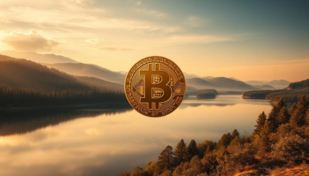 A high-resolution, cinematic image of Bitcoin as a digital gold standard, with a majestic, towering gold Bitcoin icon in the foreground, surrounded by a serene, ethereal landscape. The background features a breathtaking vista of rolling hills, lush forests, and a tranquil lake reflecting the golden Bitcoin symbol. Warm, soft lighting bathes the scene, creating a sense of timeless elegance and financial security. The composition is balanced and harmonious, with the Bitcoin icon commanding attention while the natural elements convey a sense of stability and enduring value. A high-resolution, cinematic image of Bitcoin as a digital gold standard, with a majestic, towering gold Bitcoin icon in the foreground, surrounded by a serene, ethereal landscape. The background features a breathtaking vista of rolling hills, lush forests, and a tranquil lake reflecting the golden Bitcoin symbol. Warm, soft lighting bathes the scene, creating a sense of timeless elegance and financial security. The composition is balanced and harmonious, with the Bitcoin icon commanding attention while the natural elements convey a sense of stability and enduring value.