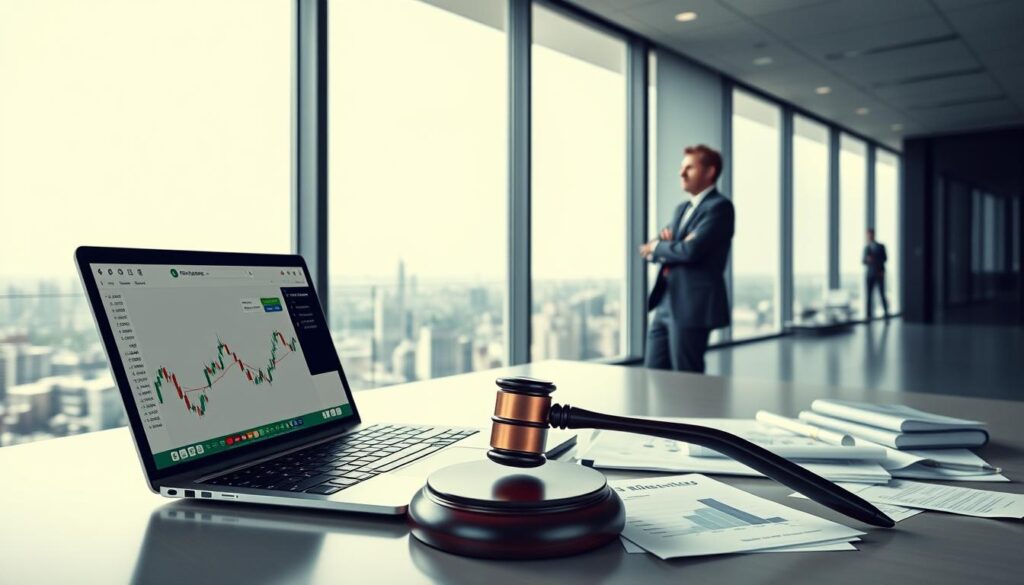 A high-resolution image depicting regulatory developments in the cryptocurrency space. Set in a modern, minimalistic office environment, the foreground features a desk with a laptop displaying a cryptocurrency trading interface. On the desk, various financial documents and a gavel symbolize the regulatory process. The middle ground showcases two businesspeople in formal attire engaged in a serious discussion, representing the interaction between the cryptocurrency industry and regulatory authorities. The background depicts an expansive cityscape, hinting at the global impact of cryptocurrency regulations. The lighting is subdued, creating a contemplative atmosphere, while the overall composition conveys a sense of tension and uncertainty surrounding the evolving regulatory landscape of cryptocurrencies. A high-resolution image depicting regulatory developments in the cryptocurrency space. Set in a modern, minimalistic office environment, the foreground features a desk with a laptop displaying a cryptocurrency trading interface. On the desk, various financial documents and a gavel symbolize the regulatory process. The middle ground showcases two businesspeople in formal attire engaged in a serious discussion, representing the interaction between the cryptocurrency industry and regulatory authorities. The background depicts an expansive cityscape, hinting at the global impact of cryptocurrency regulations. The lighting is subdued, creating a contemplative atmosphere, while the overall composition conveys a sense of tension and uncertainty surrounding the evolving regulatory landscape of cryptocurrencies.