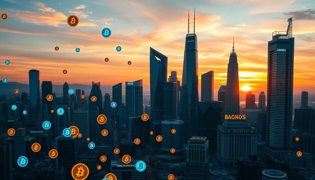 A meticulously crafted cityscape at dusk, showcasing the vibrant and dynamic landscape of the cryptocurrency world. In the foreground, a diverse array of digital tokens and blockchain symbols float and intertwine, emanating a futuristic glow. The middle ground features a series of towering skyscrapers, their sleek, angular facades adorned with holographic displays and neon-lit signage. The background is dominated by a stunning sunset, the sky ablaze with hues of orange, pink, and purple, casting a warm, ethereal light over the entire scene. The overall atmosphere conveys a sense of technological progress, financial innovation, and societal transformation. A meticulously crafted cityscape at dusk, showcasing the vibrant and dynamic landscape of the cryptocurrency world. In the foreground, a diverse array of digital tokens and blockchain symbols float and intertwine, emanating a futuristic glow. The middle ground features a series of towering skyscrapers, their sleek, angular facades adorned with holographic displays and neon-lit signage. The background is dominated by a stunning sunset, the sky ablaze with hues of orange, pink, and purple, casting a warm, ethereal light over the entire scene. The overall atmosphere conveys a sense of technological progress, financial innovation, and societal transformation.