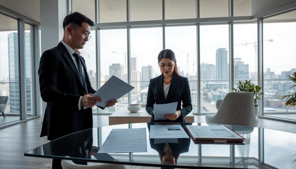A modern and minimalist home interior with large windows, flooded with natural light. In the foreground, a well-dressed couple reviews real estate documents on a sleek glass table, expressions serious as they consider their purchase. In the background, a cityscape of tall buildings and cranes hints at the urban setting. The scene conveys a sense of considered decision-making and the importance of the real estate transaction. Soft, neutral tones create a professional, business-like atmosphere. Camera angle is slightly elevated to provide an overview of the space. A modern and minimalist home interior with large windows, flooded with natural light. In the foreground, a well-dressed couple reviews real estate documents on a sleek glass table, expressions serious as they consider their purchase. In the background, a cityscape of tall buildings and cranes hints at the urban setting. The scene conveys a sense of considered decision-making and the importance of the real estate transaction. Soft, neutral tones create a professional, business-like atmosphere. Camera angle is slightly elevated to provide an overview of the space.