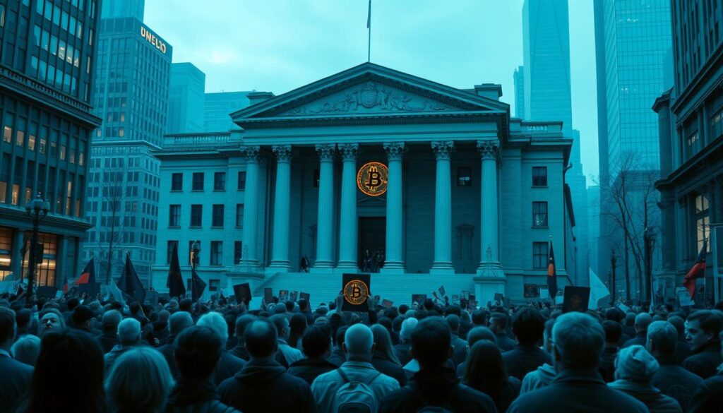 A modern cityscape with a central focus on a large, imposing building representing a central bank. The building should be rendered in a neoclassical architectural style, with grand columns, ornate decorations, and an air of authority. In the foreground, a crowd of people gathers, some looking anxious, others defiant, as they protest against the bank's monetary policies. In the background, a digital display shows the fluctuating value of Bitcoin, juxtaposing the traditional financial system with the emerging cryptocurrency. The scene should be bathed in a cool, blue-tinted lighting, creating a sense of tension and unease. The overall composition should convey the clash between established financial institutions and the disruptive rise of decentralized digital currencies. Prompt