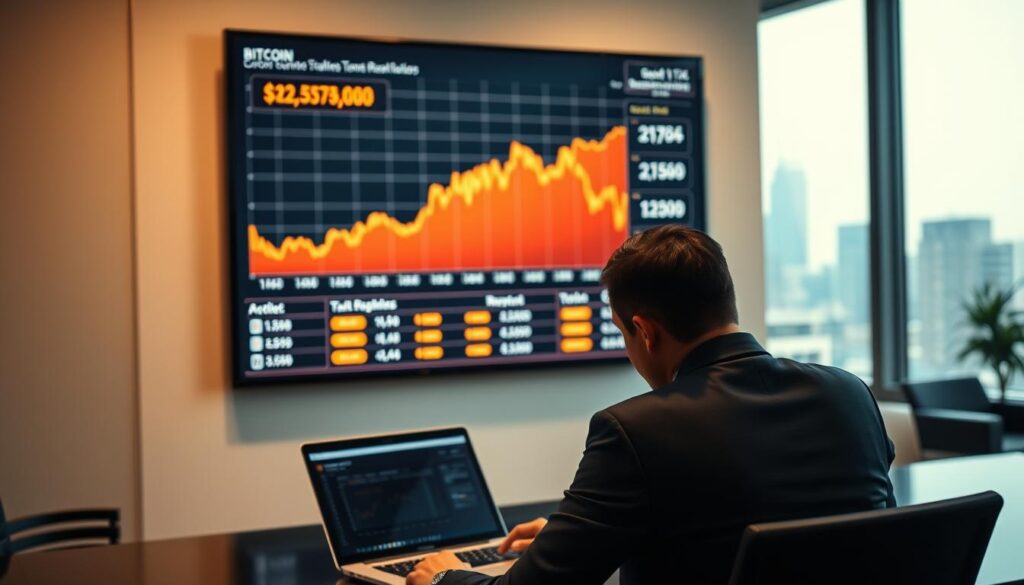 A modern office interior with a large wall-mounted display showing a detailed graph of cryptocurrency trading data and tax calculations. In the foreground, a businessperson in a suit is intently studying the information, laptop open on the desk in front of them. Indirect lighting creates a warm, focused atmosphere, casting a soft glow on the scene. The background is blurred, with glimpses of other office furnishings and a city skyline visible through a large window. The mood conveys the serious, analytical nature of evaluating the tax implications of Bitcoin investments. A modern office interior with a large wall-mounted display showing a detailed graph of cryptocurrency trading data and tax calculations. In the foreground, a businessperson in a suit is intently studying the information, laptop open on the desk in front of them. Indirect lighting creates a warm, focused atmosphere, casting a soft glow on the scene. The background is blurred, with glimpses of other office furnishings and a city skyline visible through a large window. The mood conveys the serious, analytical nature of evaluating the tax implications of Bitcoin investments.