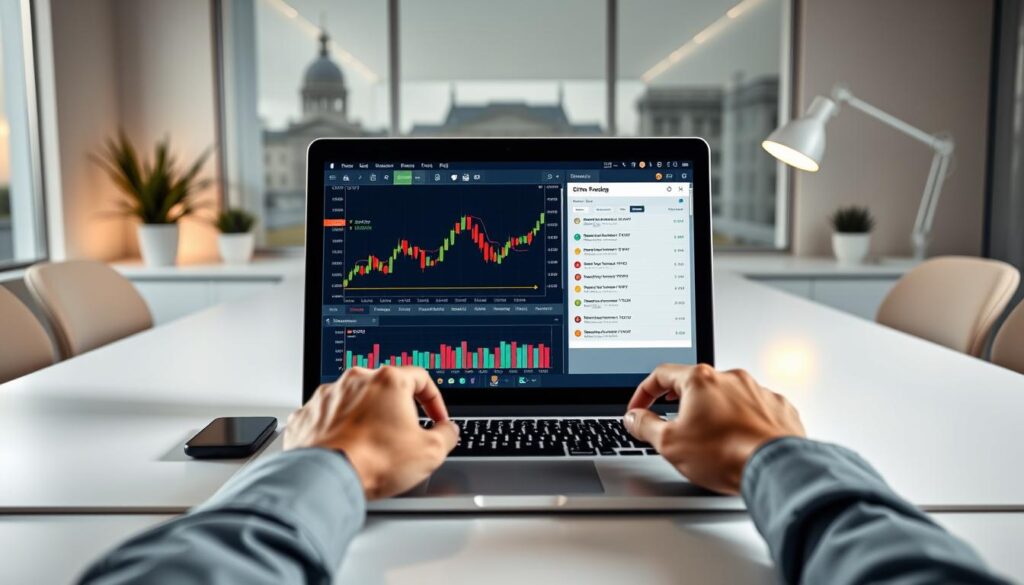 A modern, streamlined office workspace with a large desk showcasing a laptop displaying a Bitcoin trading interface. In the foreground, a person's hands interact with the laptop, highlighting the tax-related data and reports. The middle ground features minimalist decor, such as a potted plant and a sleek desk lamp, creating a professional and organized ambiance. The background subtly incorporates German architectural elements, suggesting the setting is in Germany. The lighting is soft and natural, casting a warm glow over the scene, conveying a sense of focus and diligence in managing the tax implications of Bitcoin trading. A modern, streamlined office workspace with a large desk showcasing a laptop displaying a Bitcoin trading interface. In the foreground, a person's hands interact with the laptop, highlighting the tax-related data and reports. The middle ground features minimalist decor, such as a potted plant and a sleek desk lamp, creating a professional and organized ambiance. The background subtly incorporates German architectural elements, suggesting the setting is in Germany. The lighting is soft and natural, casting a warm glow over the scene, conveying a sense of focus and diligence in managing the tax implications of Bitcoin trading.