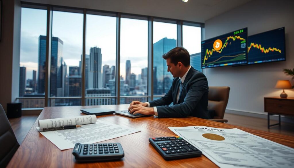 A modern, well-lit office interior with a large window overlooking a city skyline. In the foreground, a wooden desk with a laptop, a calculator, and various documents, including a real estate contract and a Bitcoin wallet interface. A person in a suit is sitting at the desk, intently focused on the laptop screen. In the middle ground, a wall-mounted display shows a graph of Bitcoin prices fluctuating. The background features a cityscape with tall, glass-fronted buildings reflecting the evening sky. The overall atmosphere is one of professional, tech-savvy real estate investment, with the juxtaposition of traditional and digital elements. A modern, well-lit office interior with a large window overlooking a city skyline. In the foreground, a wooden desk with a laptop, a calculator, and various documents, including a real estate contract and a Bitcoin wallet interface. A person in a suit is sitting at the desk, intently focused on the laptop screen. In the middle ground, a wall-mounted display shows a graph of Bitcoin prices fluctuating. The background features a cityscape with tall, glass-fronted buildings reflecting the evening sky. The overall atmosphere is one of professional, tech-savvy real estate investment, with the juxtaposition of traditional and digital elements.