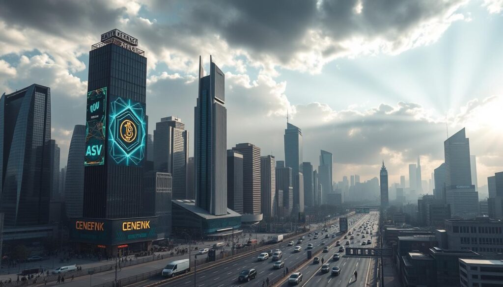 A panoramic cityscape set in the not-too-distant future, with towering neo-futuristic skyscrapers casting long shadows across a bustling metropolitan landscape. In the foreground, a prominent digital billboard flashes abstract geometric patterns and glowing cryptocurrency symbols, symbolizing the growing integration of digital finance into the urban fabric. The mid-ground features a diverse array of pedestrians and vehicles, their movements and interactions evoking a sense of fast-paced economic activity. The background is dominated by a dramatic, cloud-filled sky, with rays of sunlight piercing through, creating a sense of energy and dynamism. The overall scene conveys a mood of technological advancement, financial innovation, and the evolving role of digital currencies in contemporary society.