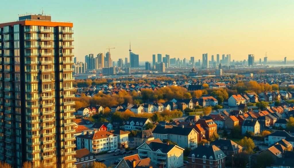 A panoramic view of the German real estate market, showcasing a diverse range of residential and commercial properties. In the foreground, a modern high-rise apartment building stands tall, its glass facades reflecting the vibrant city streets below. In the middle ground, rows of charming townhouses and single-family homes dot the landscape, each with its own unique architectural style. The background is dominated by a skyline of towering skyscrapers, hinting at the bustling commercial activity that drives the German economy. The scene is bathed in a warm, golden light, creating a sense of prosperity and growth. The overall mood is one of stability, progress, and the enduring allure of the German real estate market. A panoramic view of the German real estate market, showcasing a diverse range of residential and commercial properties. In the foreground, a modern high-rise apartment building stands tall, its glass facades reflecting the vibrant city streets below. In the middle ground, rows of charming townhouses and single-family homes dot the landscape, each with its own unique architectural style. The background is dominated by a skyline of towering skyscrapers, hinting at the bustling commercial activity that drives the German economy. The scene is bathed in a warm, golden light, creating a sense of prosperity and growth. The overall mood is one of stability, progress, and the enduring allure of the German real estate market.