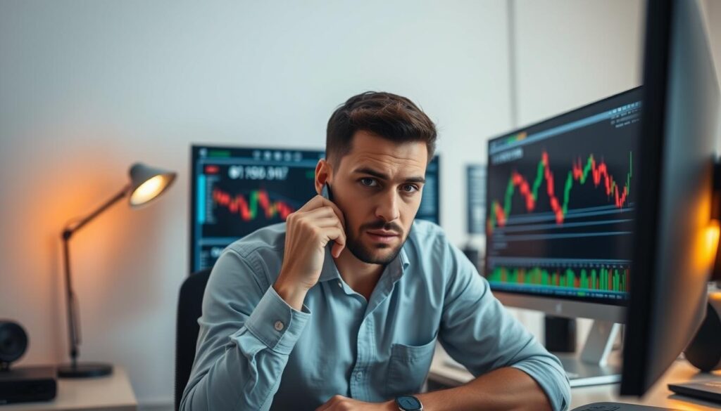 A pensive Bitcoin trader contemplates his next move, framed by a clean, minimalist workspace. Warm desk lighting casts a thoughtful glow, while a large monitor displays complex trading data. The trader's face is serious yet focused, reflecting the psychological intensity of navigating the volatile cryptocurrency markets. A sense of determination and calculated risk-taking pervades the scene, hinting at the high-stakes nature of successful Bitcoin trading. A pensive Bitcoin trader contemplates his next move, framed by a clean, minimalist workspace. Warm desk lighting casts a thoughtful glow, while a large monitor displays complex trading data. The trader's face is serious yet focused, reflecting the psychological intensity of navigating the volatile cryptocurrency markets. A sense of determination and calculated risk-taking pervades the scene, hinting at the high-stakes nature of successful Bitcoin trading.
