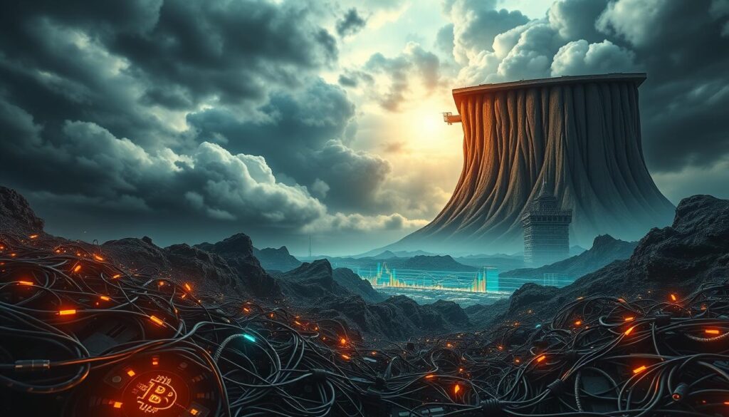 A perilous landscape of uncertainty and volatility, where the Bitcoin icon looms large against a turbulent sky. In the foreground, a maze of tangled cables and glowing circuit boards represents the complex technological infrastructure underlying the cryptocurrency. In the middle ground, a web of financial charts and data streams reflects the mercurial nature of Bitcoin's value, with sharp peaks and plunging valleys. In the background, a towering wall of ominous storm clouds symbolizes the risks and challenges facing Bitcoin investors, from regulatory crackdowns to cybersecurity threats. The overall atmosphere conveys a sense of unease and unpredictability, underscoring the need for careful planning and risk assessment when navigating the world of Bitcoin investments. A perilous landscape of uncertainty and volatility, where the Bitcoin icon looms large against a turbulent sky. In the foreground, a maze of tangled cables and glowing circuit boards represents the complex technological infrastructure underlying the cryptocurrency. In the middle ground, a web of financial charts and data streams reflects the mercurial nature of Bitcoin's value, with sharp peaks and plunging valleys. In the background, a towering wall of ominous storm clouds symbolizes the risks and challenges facing Bitcoin investors, from regulatory crackdowns to cybersecurity threats. The overall atmosphere conveys a sense of unease and unpredictability, underscoring the need for careful planning and risk assessment when navigating the world of Bitcoin investments.
