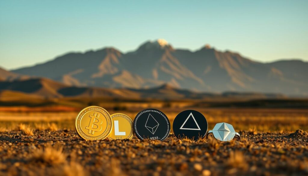 A serene and minimalist landscape with a low-profile mountain range in the background, bathed in a warm, soft lighting. In the foreground, a collection of digital cryptocurrency icons representing various "low-inflation" digital currencies, such as Litecoin, Dogecoin, and Monero, are arranged in a visually compelling manner. The overall composition is balanced and visually striking, conveying a sense of stability and security associated with these alternative cryptocurrencies. The scene is rendered with a high level of detail and realism, using a wide-angle lens to capture the depth and breadth of the landscape. A serene and minimalist landscape with a low-profile mountain range in the background, bathed in a warm, soft lighting. In the foreground, a collection of digital cryptocurrency icons representing various "low-inflation" digital currencies, such as Litecoin, Dogecoin, and Monero, are arranged in a visually compelling manner. The overall composition is balanced and visually striking, conveying a sense of stability and security associated with these alternative cryptocurrencies. The scene is rendered with a high level of detail and realism, using a wide-angle lens to capture the depth and breadth of the landscape.