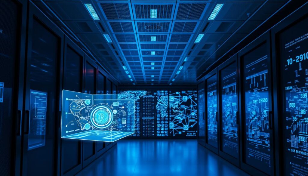 A sleek, modern data center interior with a central focus on a blockchain-integrated artificial intelligence system. In the foreground, a holographic user interface hovers over a smooth, black server rack, displaying dynamic visualizations of data flows and algorithms. The middle ground features a cluster of interconnected server nodes, their LED lights pulsing with the rhythmic processing of complex computational tasks. In the background, a vast expanse of high-resolution display screens showcases a real-time, global network of blockchain transactions and AI-powered analytics, cast in a cool, blue-tinted illumination. The scene conveys a sense of technological sophistication, efficiency, and the seamless integration of cutting-edge innovations. A sleek, modern data center interior with a central focus on a blockchain-integrated artificial intelligence system. In the foreground, a holographic user interface hovers over a smooth, black server rack, displaying dynamic visualizations of data flows and algorithms. The middle ground features a cluster of interconnected server nodes, their LED lights pulsing with the rhythmic processing of complex computational tasks. In the background, a vast expanse of high-resolution display screens showcases a real-time, global network of blockchain transactions and AI-powered analytics, cast in a cool, blue-tinted illumination. The scene conveys a sense of technological sophistication, efficiency, and the seamless integration of cutting-edge innovations.