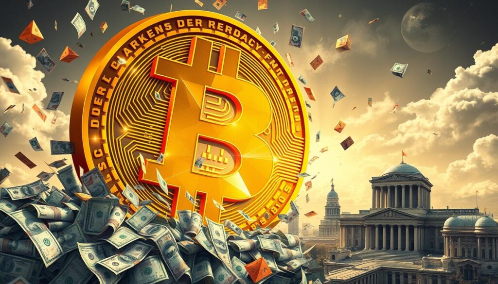 A striking digital illustration depicting the complex interplay between cryptocurrencies and traditional central banking. In the foreground, a giant golden Bitcoin symbol looms, its faceted surfaces reflecting the changing digital landscape. Surrounding it, a swirling vortex of fiat currencies - dollar bills, euro notes, and other global tender - illustrates the disruptive force of decentralized finance. In the middle ground, imposing government buildings and central bank towers stand as guardians of the old monetary order, their facades rendered in a somber, authoritarian style. The background fades into a hazy, uncertain future, with clouds of data and blockchain symbols obscuring the horizon. The overall mood is one of tension and transformation, as the pillars of the financial system are challenged by the rise of Kryptowährungen. A striking digital illustration depicting the complex interplay between cryptocurrencies and traditional central banking. In the foreground, a giant golden Bitcoin symbol looms, its faceted surfaces reflecting the changing digital landscape. Surrounding it, a swirling vortex of fiat currencies - dollar bills, euro notes, and other global tender - illustrates the disruptive force of decentralized finance. In the middle ground, imposing government buildings and central bank towers stand as guardians of the old monetary order, their facades rendered in a somber, authoritarian style. The background fades into a hazy, uncertain future, with clouds of data and blockchain symbols obscuring the horizon. The overall mood is one of tension and transformation, as the pillars of the financial system are challenged by the rise of Kryptowährungen.