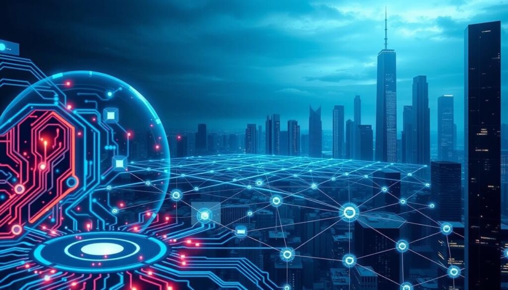 A striking digital illustration depicting the convergence of artificial intelligence and blockchain technology. In the foreground, a futuristic AI interface with glowing circuitry and holographic displays. In the middle ground, a blockchain network visualized as a complex web of interlocking nodes and digital ledgers. The background features a sleek, minimalist cityscape with towering skyscrapers, hinting at the transformative potential of these emerging technologies. The lighting is moody and atmospheric, with a cool, blue-tinted palette that evokes a sense of technological sophistication. The overall composition should convey the power, connectivity, and cutting-edge innovation at the heart of the AI-blockchain convergence. A striking digital illustration depicting the convergence of artificial intelligence and blockchain technology. In the foreground, a futuristic AI interface with glowing circuitry and holographic displays. In the middle ground, a blockchain network visualized as a complex web of interlocking nodes and digital ledgers. The background features a sleek, minimalist cityscape with towering skyscrapers, hinting at the transformative potential of these emerging technologies. The lighting is moody and atmospheric, with a cool, blue-tinted palette that evokes a sense of technological sophistication. The overall composition should convey the power, connectivity, and cutting-edge innovation at the heart of the AI-blockchain convergence.