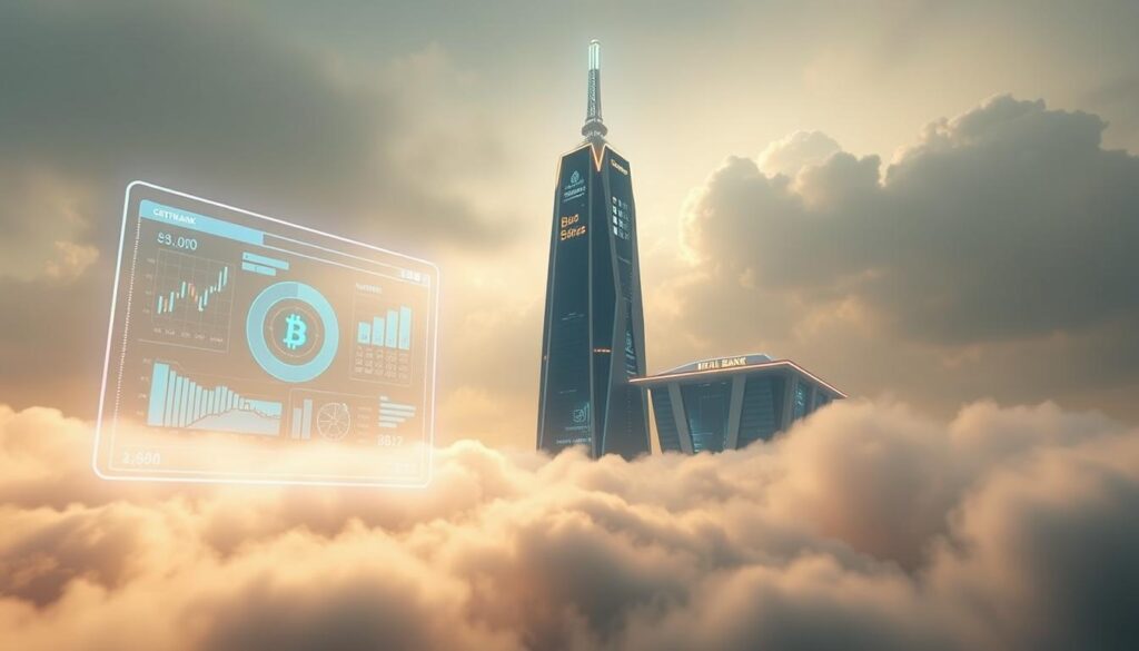 A striking digital landscape depicting a central bank's digital currency. In the foreground, a sleek, holographic interface showcases the currency's features, with floating data visualizations and geometric patterns. In the middle ground, a towering, futuristic bank headquarters looms, its facade adorned with dynamic, neon-lit displays. The background is a hazy, cloud-like environment, bathed in a soft, ethereal glow, hinting at the intangible, digital nature of the currency. The overall scene conveys a sense of technological sophistication, financial power, and the blending of the physical and digital realms. Crisp, high-definition rendering with a cinematic, moody lighting setup. A striking digital landscape depicting a central bank's digital currency. In the foreground, a sleek, holographic interface showcases the currency's features, with floating data visualizations and geometric patterns. In the middle ground, a towering, futuristic bank headquarters looms, its facade adorned with dynamic, neon-lit displays. The background is a hazy, cloud-like environment, bathed in a soft, ethereal glow, hinting at the intangible, digital nature of the currency. The overall scene conveys a sense of technological sophistication, financial power, and the blending of the physical and digital realms. Crisp, high-definition rendering with a cinematic, moody lighting setup.