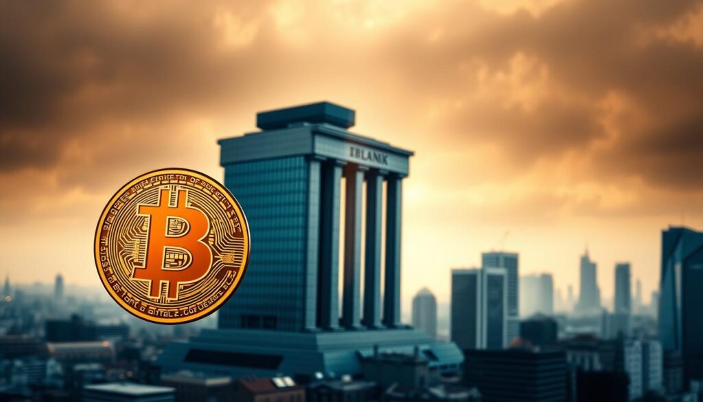 A striking visual exploration of the evolving relationship between Bitcoin and traditional banking. In the foreground, a sleek, modern Bitcoin icon glowing with a warm, golden light, representing the disruptive force of cryptocurrency. In the middle ground, a towering, monolithic bank building, its imposing facade cast in cool, steely tones, symbolizing the established financial institutions. The background depicts a cityscape, the skyline blurred and hazy, suggesting the uncertainty and transition occurring within this dynamic landscape. The lighting is dramatic, with dramatic shadows and highlights, creating a sense of tension and contrast between the old and the new. The composition is balanced, drawing the viewer's eye to the central clash of the Bitcoin icon and the bank building, inviting contemplation on the future of finance. A striking visual exploration of the evolving relationship between Bitcoin and traditional banking. In the foreground, a sleek, modern Bitcoin icon glowing with a warm, golden light, representing the disruptive force of cryptocurrency. In the middle ground, a towering, monolithic bank building, its imposing facade cast in cool, steely tones, symbolizing the established financial institutions. The background depicts a cityscape, the skyline blurred and hazy, suggesting the uncertainty and transition occurring within this dynamic landscape. The lighting is dramatic, with dramatic shadows and highlights, creating a sense of tension and contrast between the old and the new. The composition is balanced, drawing the viewer's eye to the central clash of the Bitcoin icon and the bank building, inviting contemplation on the future of finance.