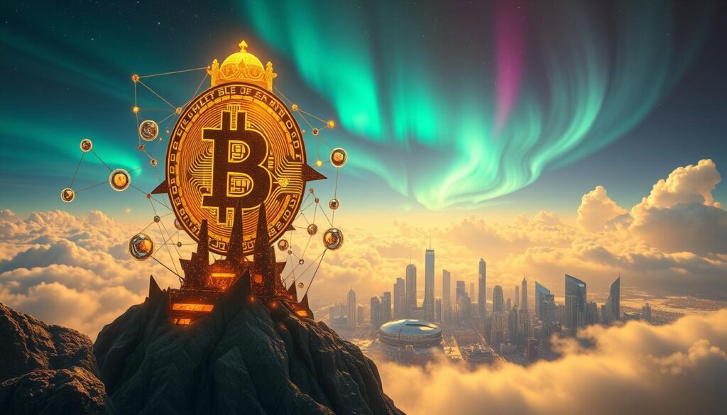 A stunning digital landscape depicting the potential of Bitcoin and DeFi. In the foreground, a towering Bitcoin symbol stands resolute, its intricate blockchain shimmering with golden energy. Surrounding it, a dynamic array of DeFi protocols intertwine, represented by geometric shapes and organic forms that pulse with vibrant hues. In the middle ground, a cityscape of futuristic skyscrapers and interconnected hubs suggests the integration of these technologies into the global financial system. The background is a vast, dreamlike expanse, filled with swirling clouds and shimmering aurora borealis, evoking a sense of limitless possibility. The scene is bathed in a warm, golden light, conveying a feeling of promise and innovation. Capture this vision with a cinematic, wide-angle lens, emphasizing the scale and grandeur of the composition. A stunning digital landscape depicting the potential of Bitcoin and DeFi. In the foreground, a towering Bitcoin symbol stands resolute, its intricate blockchain shimmering with golden energy. Surrounding it, a dynamic array of DeFi protocols intertwine, represented by geometric shapes and organic forms that pulse with vibrant hues. In the middle ground, a cityscape of futuristic skyscrapers and interconnected hubs suggests the integration of these technologies into the global financial system. The background is a vast, dreamlike expanse, filled with swirling clouds and shimmering aurora borealis, evoking a sense of limitless possibility. The scene is bathed in a warm, golden light, conveying a feeling of promise and innovation. Capture this vision with a cinematic, wide-angle lens, emphasizing the scale and grandeur of the composition.