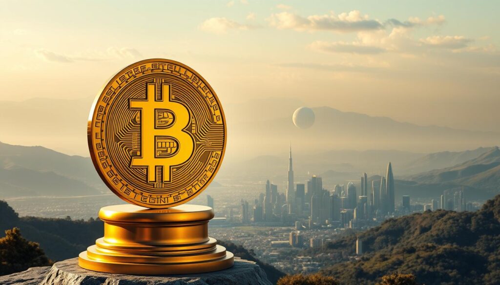 A stunning, photorealistic landscape depicting Bitcoin as a long-term inflation hedge. In the foreground, a massive, gleaming golden Bitcoin coin sits atop a pedestal, casting a warm glow over the scene. In the middle ground, a cityscape of futuristic skyscrapers and gleaming spires reaches towards the sky, symbolizing technological innovation and economic prosperity. In the background, a sweeping vista of rolling hills and towering mountains, hinting at the timeless, enduring nature of Bitcoin as a store of value. The lighting is soft and diffuse, creating a serene, contemplative atmosphere. The overall composition conveys a sense of confidence, security, and long-term stability in the face of economic uncertainty. A stunning, photorealistic landscape depicting Bitcoin as a long-term inflation hedge. In the foreground, a massive, gleaming golden Bitcoin coin sits atop a pedestal, casting a warm glow over the scene. In the middle ground, a cityscape of futuristic skyscrapers and gleaming spires reaches towards the sky, symbolizing technological innovation and economic prosperity. In the background, a sweeping vista of rolling hills and towering mountains, hinting at the timeless, enduring nature of Bitcoin as a store of value. The lighting is soft and diffuse, creating a serene, contemplative atmosphere. The overall composition conveys a sense of confidence, security, and long-term stability in the face of economic uncertainty.
