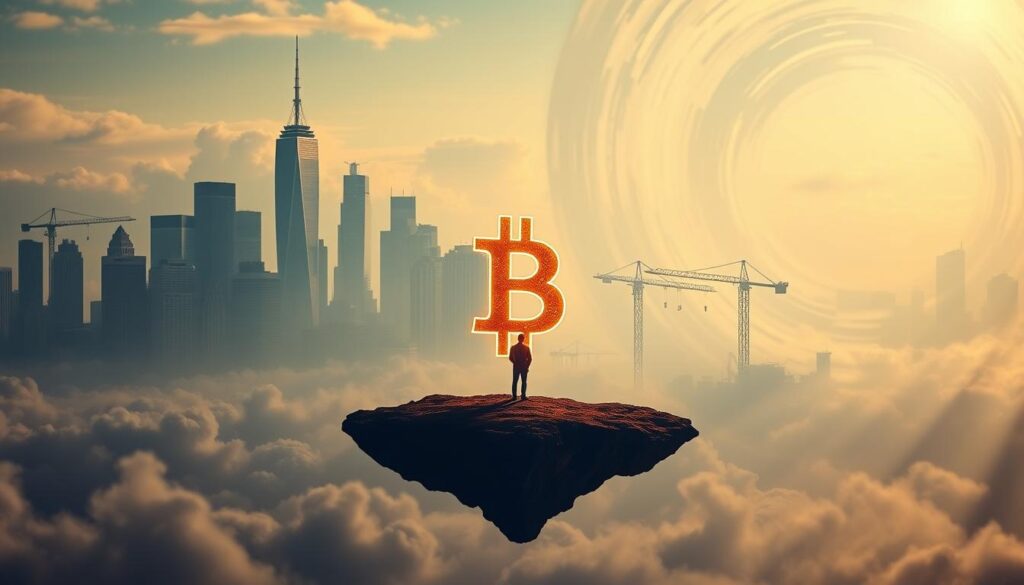 A surreal, cinematic landscape depicting the intersection of digital finance and traditional monetary policy. In the foreground, a lone figure stands atop a floating island, contemplating a glowing, crystalline Bitcoin symbol that hovers before them. The middle ground features a city skyline, with towering skyscrapers and cranes casting long shadows. The background is filled with a swirling, ethereal atmosphere, hinting at the disruptive forces shaping the future of money. Soft, dramatic lighting illuminates the scene, creating a sense of contemplation and the weight of impending change. Captured through the lens of a cinematic, wide-angle camera, the composition conveys the grand, sweeping implications of Bitcoin's rise against the backdrop of established financial systems.