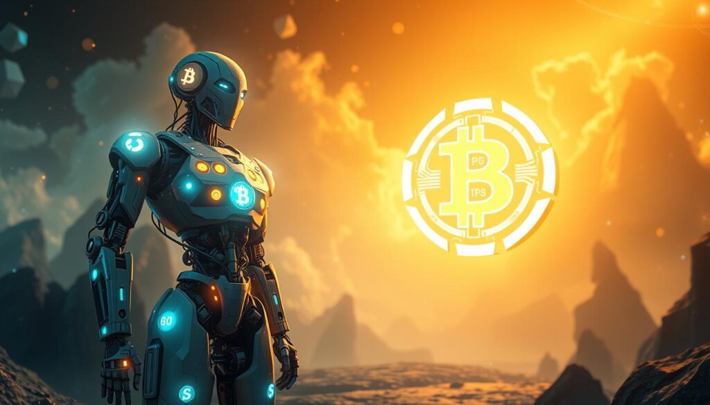 A surreal digital landscape depicting the synergistic relationship between artificial intelligence and Bitcoin. In the foreground, a towering robotic figure stands proudly, its mechanical limbs interwoven with glowing circuits and blockchain symbols. In the middle ground, a luminous Bitcoin symbol hovers, its faceted edges radiating an aura of digital power. The background is a dreamscape of shifting geometric shapes and patterns, hinting at the complex computational processes at work. The scene is bathed in a warm, amber-toned lighting, suggesting the alchemical fusion of technology and finance. The overall atmosphere conveys a sense of technological advancement, innovation, and the vast potential unlocked by the convergence of AI and cryptocurrency. A surreal digital landscape depicting the synergistic relationship between artificial intelligence and Bitcoin. In the foreground, a towering robotic figure stands proudly, its mechanical limbs interwoven with glowing circuits and blockchain symbols. In the middle ground, a luminous Bitcoin symbol hovers, its faceted edges radiating an aura of digital power. The background is a dreamscape of shifting geometric shapes and patterns, hinting at the complex computational processes at work. The scene is bathed in a warm, amber-toned lighting, suggesting the alchemical fusion of technology and finance. The overall atmosphere conveys a sense of technological advancement, innovation, and the vast potential unlocked by the convergence of AI and cryptocurrency.