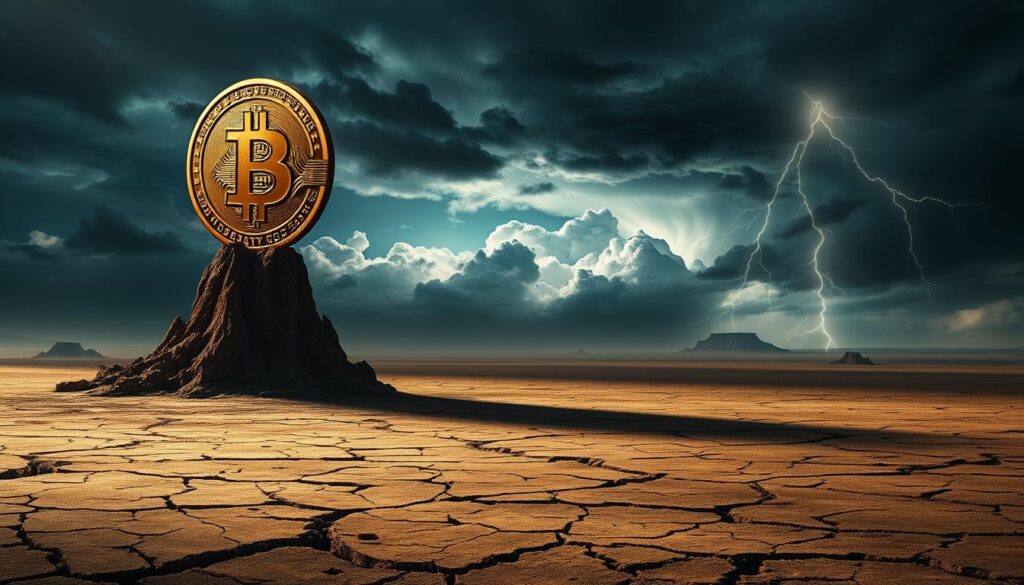 A surreal landscape depicting the abstract concept of "Bitcoin Inflation". In the foreground, a towering, ominous-looking Bitcoin symbol casts an ominous shadow, symbolizing the looming threat of inflation. The middle ground features a barren, desolate landscape with cracked, parched earth, conveying a sense of financial instability and economic decay. In the background, a stormy, turbulent sky with swirling clouds and lightning bolts represents the volatility and unpredictability of the cryptocurrency market. The lighting is dramatic, with deep, dramatic shadows and stark contrasts, creating a tense, foreboding atmosphere. The overall composition is designed to evoke a strong emotional response, capturing the complex and multifaceted relationship between Bitcoin and inflation. A surreal landscape depicting the abstract concept of "Bitcoin Inflation". In the foreground, a towering, ominous-looking Bitcoin symbol casts an ominous shadow, symbolizing the looming threat of inflation. The middle ground features a barren, desolate landscape with cracked, parched earth, conveying a sense of financial instability and economic decay. In the background, a stormy, turbulent sky with swirling clouds and lightning bolts represents the volatility and unpredictability of the cryptocurrency market. The lighting is dramatic, with deep, dramatic shadows and stark contrasts, creating a tense, foreboding atmosphere. The overall composition is designed to evoke a strong emotional response, capturing the complex and multifaceted relationship between Bitcoin and inflation.