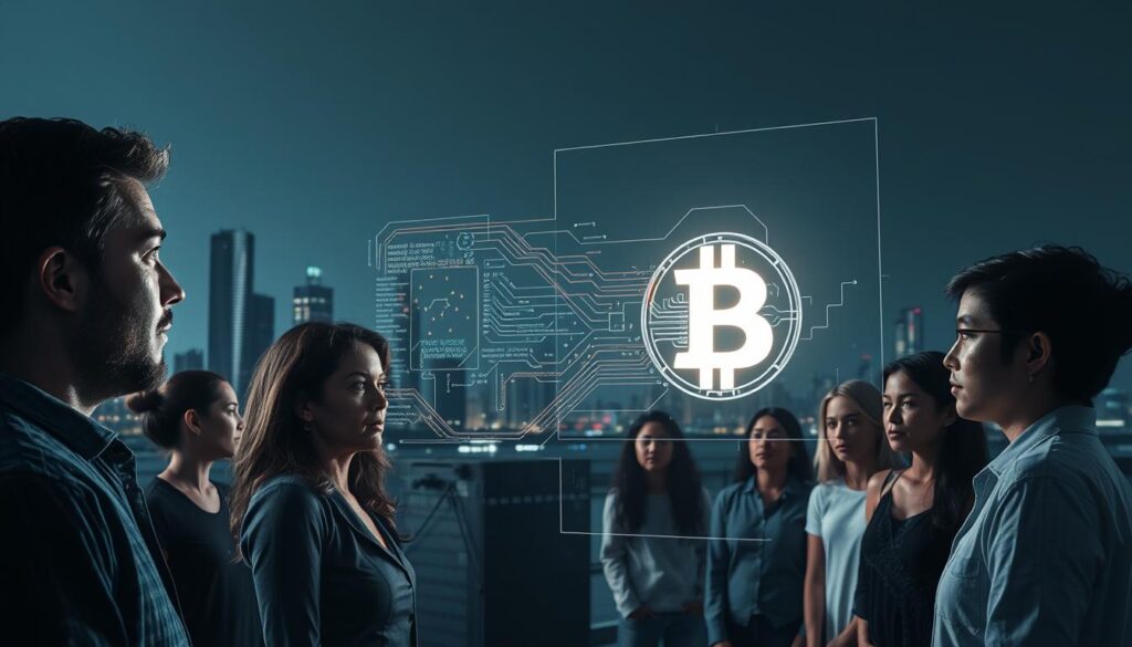 A thought-provoking scene depicting the ethical dimension of digital currencies. In the foreground, a holographic display showcases the intricate inner workings of a cryptocurrency transaction, its data streams and cryptographic protocols shimmering with a metallic sheen. In the middle ground, a group of people of diverse backgrounds ponder the implications, their faces illuminated by the soft glow of the display, expressions reflecting the complexities of the issue. The background is a minimalist urban landscape, skyscrapers and infrastructure hinting at the integration of these new digital assets into the fabric of modern society. The scene is bathed in a cool, contemplative lighting, inviting the viewer to consider the deeper ramifications of this technological revolution. A thought-provoking scene depicting the ethical dimension of digital currencies. In the foreground, a holographic display showcases the intricate inner workings of a cryptocurrency transaction, its data streams and cryptographic protocols shimmering with a metallic sheen. In the middle ground, a group of people of diverse backgrounds ponder the implications, their faces illuminated by the soft glow of the display, expressions reflecting the complexities of the issue. The background is a minimalist urban landscape, skyscrapers and infrastructure hinting at the integration of these new digital assets into the fabric of modern society. The scene is bathed in a cool, contemplative lighting, inviting the viewer to consider the deeper ramifications of this technological revolution.