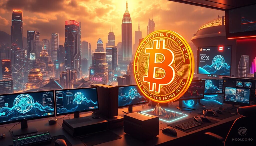 A vast and immersive Bitcoin and gaming ecosystem, captured through the lens of a high-resolution digital camera. In the foreground, a glowing, holographic Bitcoin symbol floats amidst a sea of vibrant, futuristic gaming interfaces and virtual landscapes. In the middle ground, an array of sleek, state-of-the-art gaming PCs and consoles, their screens displaying intricate blockchain visualizations and cryptocurrency trading dashboards. In the background, a towering, neon-lit cityscape, its skyscrapers and streets pulsing with the energy of a thriving, technologically advanced world. Warm, diffused lighting casts a dreamlike glow over the entire scene, conveying a sense of innovation, connectivity, and the boundless possibilities at the intersection of Bitcoin and the gaming industry. A vast and immersive Bitcoin and gaming ecosystem, captured through the lens of a high-resolution digital camera. In the foreground, a glowing, holographic Bitcoin symbol floats amidst a sea of vibrant, futuristic gaming interfaces and virtual landscapes. In the middle ground, an array of sleek, state-of-the-art gaming PCs and consoles, their screens displaying intricate blockchain visualizations and cryptocurrency trading dashboards. In the background, a towering, neon-lit cityscape, its skyscrapers and streets pulsing with the energy of a thriving, technologically advanced world. Warm, diffused lighting casts a dreamlike glow over the entire scene, conveying a sense of innovation, connectivity, and the boundless possibilities at the intersection of Bitcoin and the gaming industry.