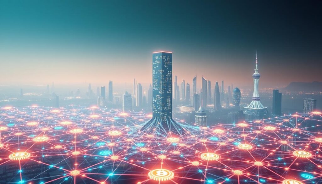 A vast, intricate mesh of interconnected nodes and pathways, the Blockchain network stretches out in a three-dimensional display. Glowing circuits and digital ledgers form the foreground, pulsing with a rhythmic energy. In the middle ground, a towering tower of cryptographic hashes stands as the backbone, secure and immutable. The background fades into a hazy, futuristic cityscape, where skyscrapers of data and towers of computation reach towards a luminous, digital horizon. Soft, ambient lighting casts a warm glow, evoking a sense of technological wonder and innovation. The overall scene conveys the decentralized, transparent, and trust-based nature of the Blockchain, the bedrock technology enabling the rise of cryptocurrencies like Bitcoin. A vast, intricate mesh of interconnected nodes and pathways, the Blockchain network stretches out in a three-dimensional display. Glowing circuits and digital ledgers form the foreground, pulsing with a rhythmic energy. In the middle ground, a towering tower of cryptographic hashes stands as the backbone, secure and immutable. The background fades into a hazy, futuristic cityscape, where skyscrapers of data and towers of computation reach towards a luminous, digital horizon. Soft, ambient lighting casts a warm glow, evoking a sense of technological wonder and innovation. The overall scene conveys the decentralized, transparent, and trust-based nature of the Blockchain, the bedrock technology enabling the rise of cryptocurrencies like Bitcoin.