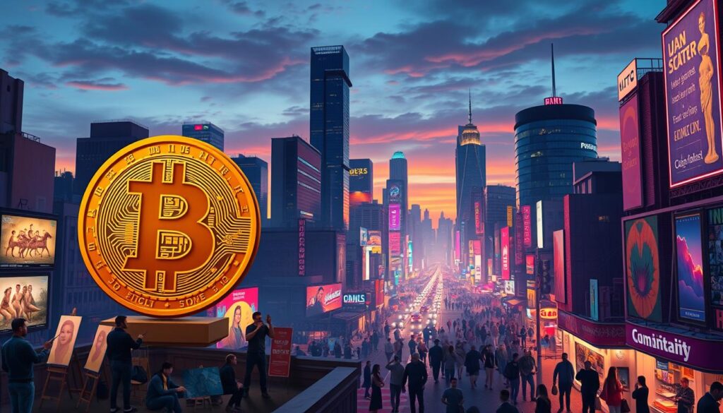 A vibrant, dynamic cityscape at dusk, with the iconic silhouette of a Bitcoin logo prominently displayed in the foreground, casting a warm, golden glow over the bustling urban landscape. In the middle ground, a diverse array of individuals engage in various artistic pursuits - painters, sculptors, musicians, and dancers, each inspired by the transformative power of cryptocurrency. In the background, towering skyscrapers and neon-lit streets blend seamlessly, reflecting the profound influence of Bitcoin on the cultural and economic fabric of the city. The scene is bathed in rich, saturated hues, evoking a sense of innovation, creativity, and the boundless possibilities unlocked by this revolutionary technology. A vibrant, dynamic cityscape at dusk, with the iconic silhouette of a Bitcoin logo prominently displayed in the foreground, casting a warm, golden glow over the bustling urban landscape. In the middle ground, a diverse array of individuals engage in various artistic pursuits - painters, sculptors, musicians, and dancers, each inspired by the transformative power of cryptocurrency. In the background, towering skyscrapers and neon-lit streets blend seamlessly, reflecting the profound influence of Bitcoin on the cultural and economic fabric of the city. The scene is bathed in rich, saturated hues, evoking a sense of innovation, creativity, and the boundless possibilities unlocked by this revolutionary technology.