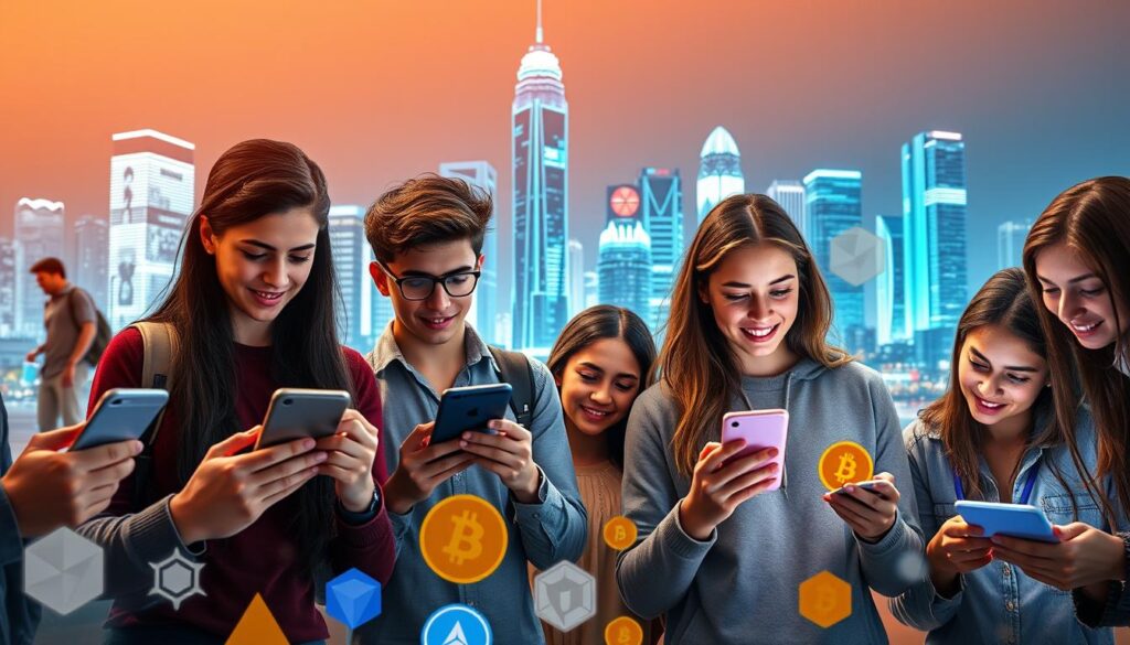 A vibrant, dynamic scene showcasing the modern digital currency landscape as embraced by Generation Z. In the foreground, a diverse group of young, tech-savvy individuals immersed in their smartphones and tablets, effortlessly navigating cryptocurrency exchanges and decentralized finance apps. Their expressions convey a sense of enthusiasm and confidence, reflecting the generation's eagerness to embrace this new financial frontier. The middle ground features an array of prominent cryptocurrency logos and symbols, their colors and designs seamlessly integrated into the overall composition. In the background, a futuristic cityscape of gleaming skyscrapers and holographic displays sets the stage, symbolizing the technological advancement and global interconnectedness that define the world of cryptocurrencies. Warm, diffused lighting casts a youthful, energetic glow over the entire scene, reinforcing the dynamic and innovative nature of this Generation Z-driven cryptocurrency revolution. A vibrant, dynamic scene showcasing the modern digital currency landscape as embraced by Generation Z. In the foreground, a diverse group of young, tech-savvy individuals immersed in their smartphones and tablets, effortlessly navigating cryptocurrency exchanges and decentralized finance apps. Their expressions convey a sense of enthusiasm and confidence, reflecting the generation's eagerness to embrace this new financial frontier. The middle ground features an array of prominent cryptocurrency logos and symbols, their colors and designs seamlessly integrated into the overall composition. In the background, a futuristic cityscape of gleaming skyscrapers and holographic displays sets the stage, symbolizing the technological advancement and global interconnectedness that define the world of cryptocurrencies. Warm, diffused lighting casts a youthful, energetic glow over the entire scene, reinforcing the dynamic and innovative nature of this Generation Z-driven cryptocurrency revolution.