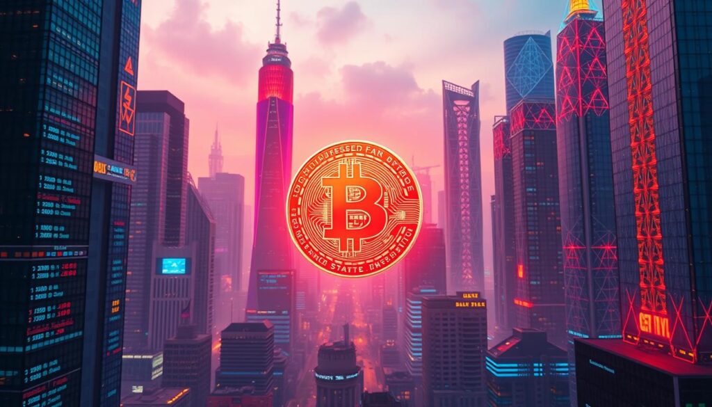 A vibrant, futuristic cityscape bathed in a warm, diffuse glow. In the foreground, a holographic representation of a Bitcoin symbol floats, its faceted surfaces reflecting the urban landscape. In the middle ground, skyscrapers of glass and steel rise, their facades adorned with digital displays showcasing real-time cryptocurrency prices and market data. The background is a kaleidoscope of neon-lit towers, their architectural forms inspired by the geometric patterns of blockchain technology. The overall scene conveys a sense of technological innovation, financial evolution, and a paradigm shift in the way we conceptualize and interact with money in the digital age. A vibrant, futuristic cityscape bathed in a warm, diffuse glow. In the foreground, a holographic representation of a Bitcoin symbol floats, its faceted surfaces reflecting the urban landscape. In the middle ground, skyscrapers of glass and steel rise, their facades adorned with digital displays showcasing real-time cryptocurrency prices and market data. The background is a kaleidoscope of neon-lit towers, their architectural forms inspired by the geometric patterns of blockchain technology. The overall scene conveys a sense of technological innovation, financial evolution, and a paradigm shift in the way we conceptualize and interact with money in the digital age.