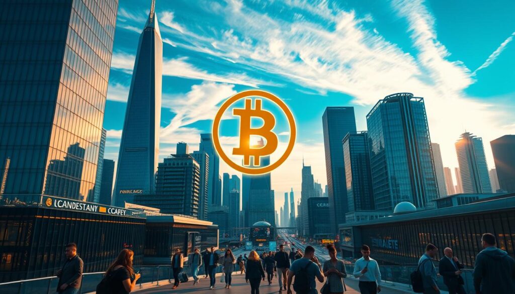 A vibrant, futuristic cityscape with towering skyscrapers and sleek, modern architecture. In the foreground, a holographic Bitcoin symbol hovers above a bustling financial district, its digital glow illuminating the streets below. Amidst the glass and steel, people hurry about their business, using their smartphones and wearable devices to interact with seamless, Bitcoin-powered financial services. The sky is a deep, saturated blue, with wispy clouds drifting overhead, and the warm, golden light of the sun bathes the scene in an aura of innovation and progress. The overall mood is one of technological advancement, efficiency, and the transformative power of cryptocurrency in the realm of finance. A vibrant, futuristic cityscape with towering skyscrapers and sleek, modern architecture. In the foreground, a holographic Bitcoin symbol hovers above a bustling financial district, its digital glow illuminating the streets below. Amidst the glass and steel, people hurry about their business, using their smartphones and wearable devices to interact with seamless, Bitcoin-powered financial services. The sky is a deep, saturated blue, with wispy clouds drifting overhead, and the warm, golden light of the sun bathes the scene in an aura of innovation and progress. The overall mood is one of technological advancement, efficiency, and the transformative power of cryptocurrency in the realm of finance.