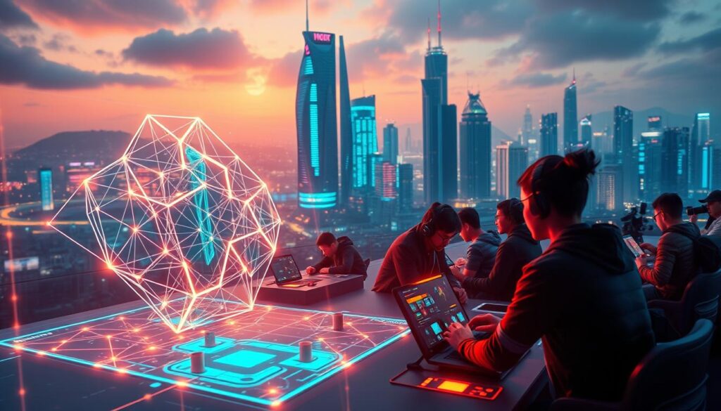 A vibrant, futuristic landscape with a central focus on blockchain technology in the gaming context. In the foreground, a sleek, holographic display showcases an intricate, geometric blockchain network pulsing with energy. In the middle ground, a group of gamers interact with virtual interfaces, manipulating digital assets and currencies. The background features towering, neon-lit skyscrapers and a vibrant cityscape, hinting at the integration of blockchain within the urban environment. Warm, diffused lighting casts a futuristic glow, while the overall scene conveys a sense of innovation, interconnectivity, and the seamless integration of blockchain into the gaming experience. A vibrant, futuristic landscape with a central focus on blockchain technology in the gaming context. In the foreground, a sleek, holographic display showcases an intricate, geometric blockchain network pulsing with energy. In the middle ground, a group of gamers interact with virtual interfaces, manipulating digital assets and currencies. The background features towering, neon-lit skyscrapers and a vibrant cityscape, hinting at the integration of blockchain within the urban environment. Warm, diffused lighting casts a futuristic glow, while the overall scene conveys a sense of innovation, interconnectivity, and the seamless integration of blockchain into the gaming experience.