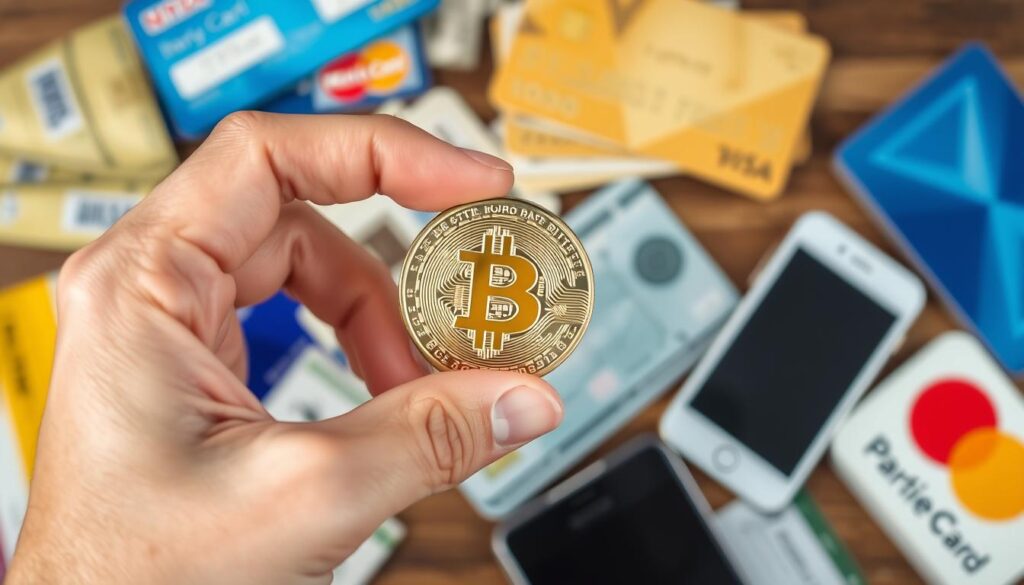 A well-lit, high-resolution photograph of a person's hand holding a physical Bitcoin coin, with a background depicting various payment methods such as credit cards, cash, and mobile payments. The image should convey a sense of the versatility and integration of Bitcoin as a payment option, with a clean, modern aesthetic that reflects the technological advancement of cryptocurrency. The lighting should be crisp and the composition should balance the focal point of the Bitcoin coin with the surrounding payment elements, creating a visually striking and informative image. A well-lit, high-resolution photograph of a person's hand holding a physical Bitcoin coin, with a background depicting various payment methods such as credit cards, cash, and mobile payments. The image should convey a sense of the versatility and integration of Bitcoin as a payment option, with a clean, modern aesthetic that reflects the technological advancement of cryptocurrency. The lighting should be crisp and the composition should balance the focal point of the Bitcoin coin with the surrounding payment elements, creating a visually striking and informative image.