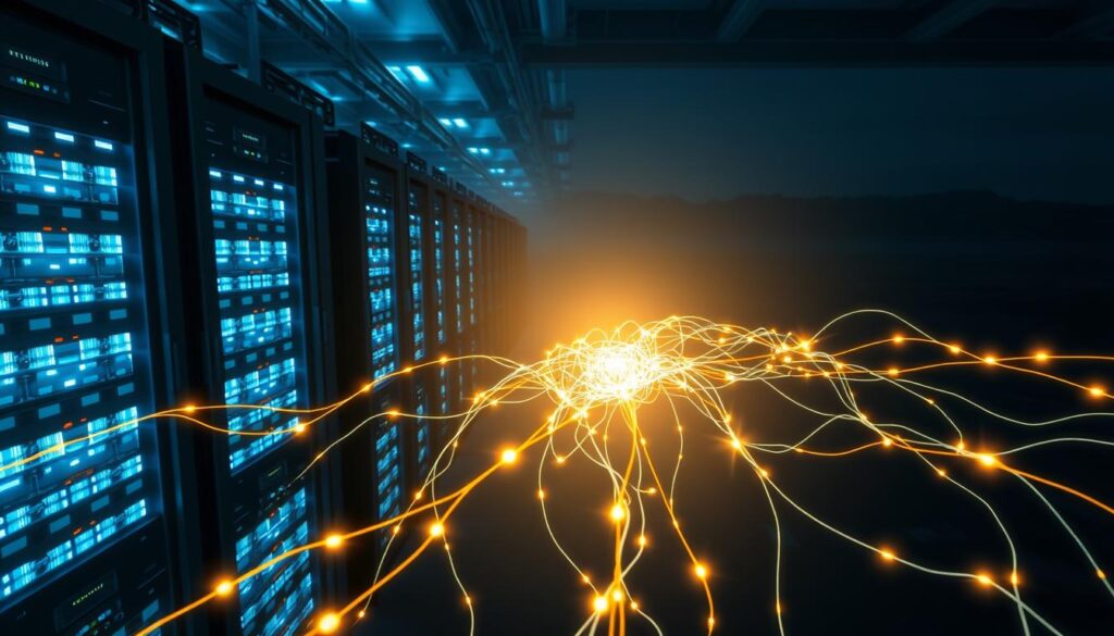 An overhead view of a futuristic data center, with rows of towering server racks illuminated by bright blue and white lighting. In the foreground, a network of glowing digital circuits and cables intertwine, representing the energy-intensive process of cryptocurrency mining. The background depicts a vast, dark landscape, symbolizing the environmental impact and energy consumption challenges associated with virtual currencies. The scene conveys a sense of scale, complexity, and the tension between technological advancement and sustainability. An overhead view of a futuristic data center, with rows of towering server racks illuminated by bright blue and white lighting. In the foreground, a network of glowing digital circuits and cables intertwine, representing the energy-intensive process of cryptocurrency mining. The background depicts a vast, dark landscape, symbolizing the environmental impact and energy consumption challenges associated with virtual currencies. The scene conveys a sense of scale, complexity, and the tension between technological advancement and sustainability.